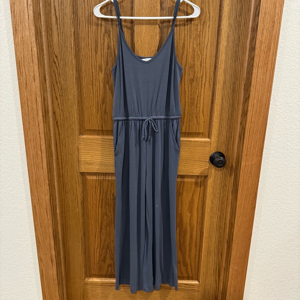 Z Supply Wide Leg Cropped Jumpsuit Blue Tie Waist Pockets Small